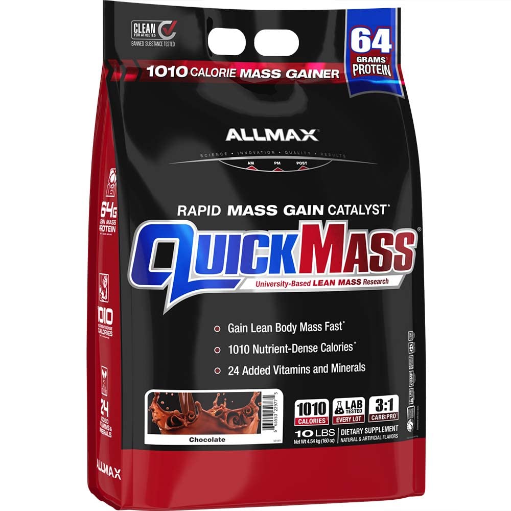 ALLMAX QUICKMASS chocolate serving scoop shows convenient measurement for steady protein intake