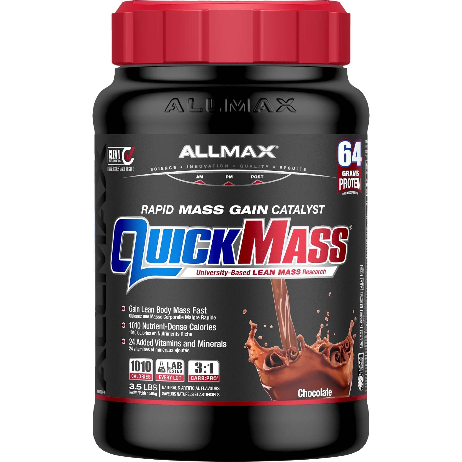 ALLMAX QuickMass chocolate tub open, convenient post-workout fuel and muscle-supporting shake.