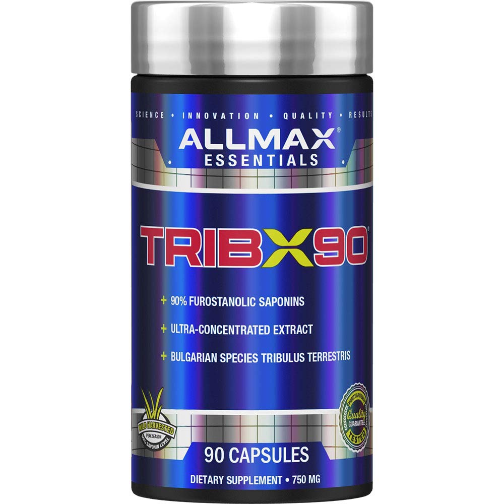 ALLMAX TRIBX90 bottle label highlighting Bulgarian Tribulus for natural performance support.
