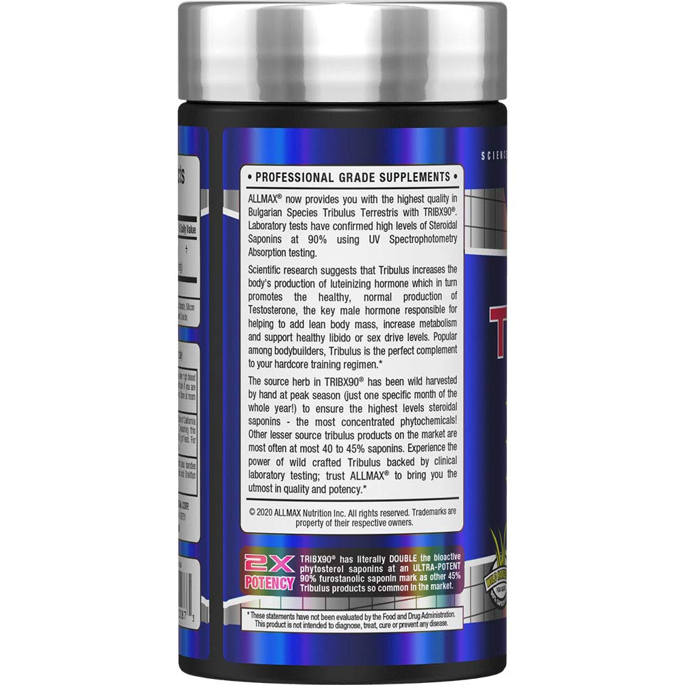 ALLMAX TRIBX90 capsules closeup emphasizing 90% saponins for premium performance support.