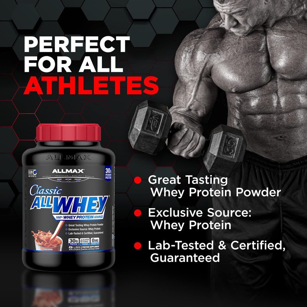 Serving scoop nestled in ALLMAX AllWhey Classic Strawberry 5lb tub