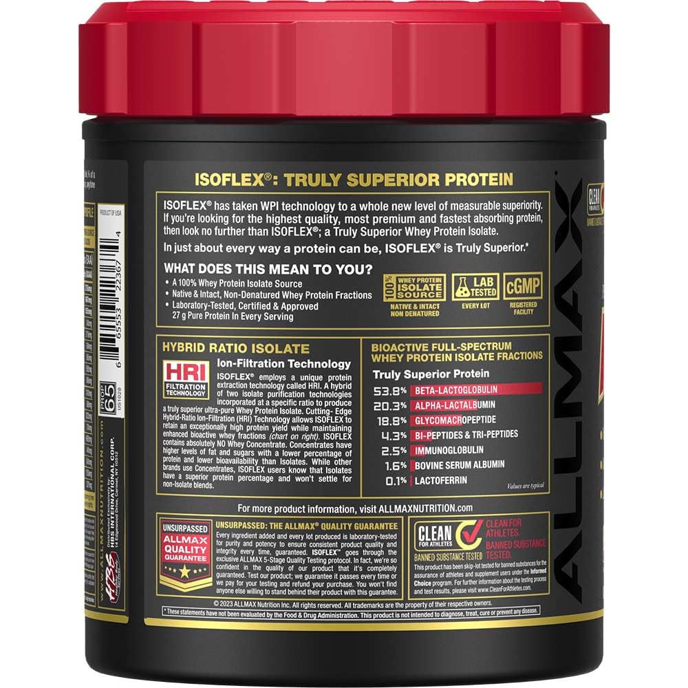 ALLMAX ISOFLEX Vanilla Whey Protein Isolate nutrition facts panel