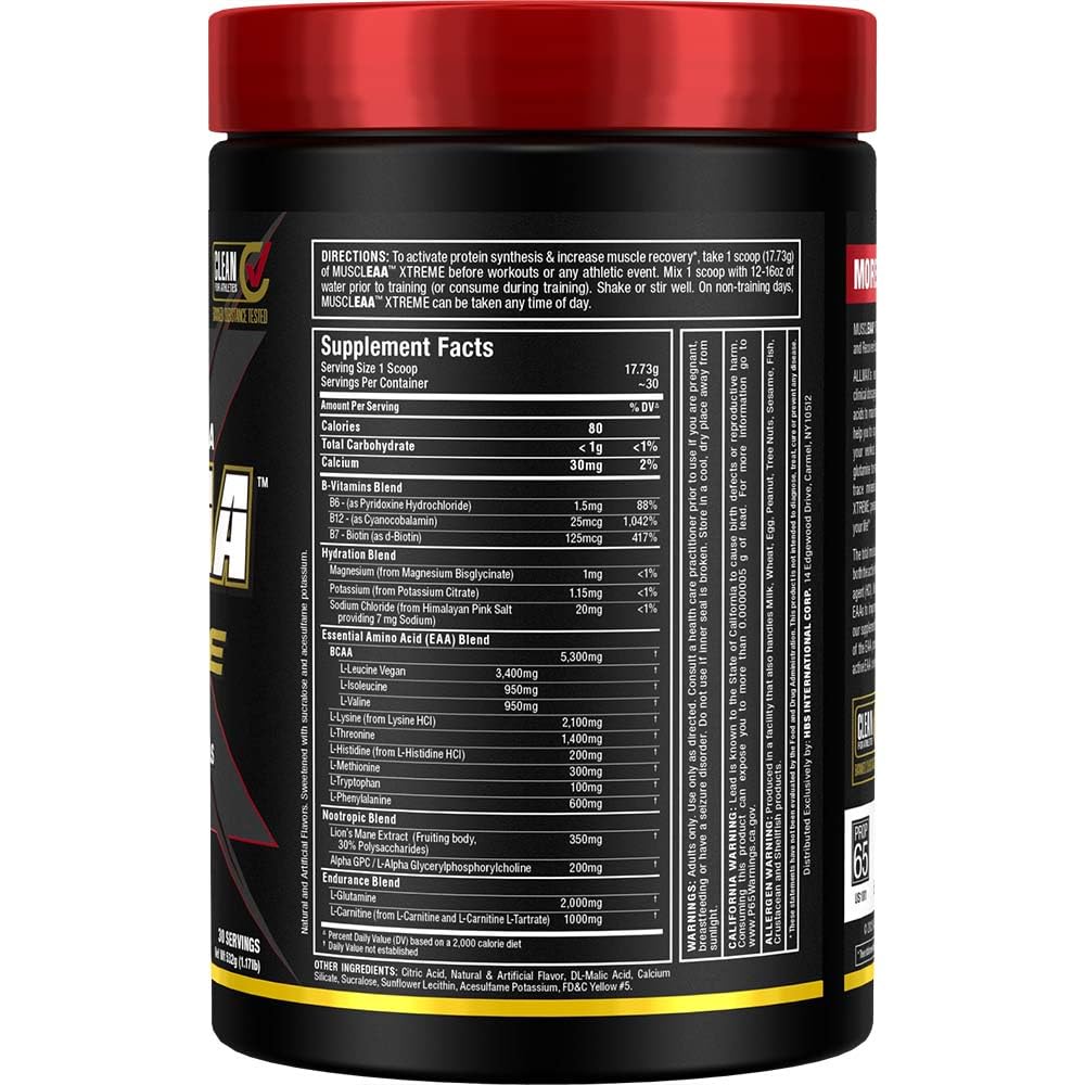 Close-up of product label showing EAAs and BCAAs