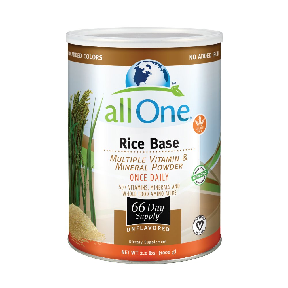Front view of ALL ONE Rice Base Multivitamin & Mineral Powder container