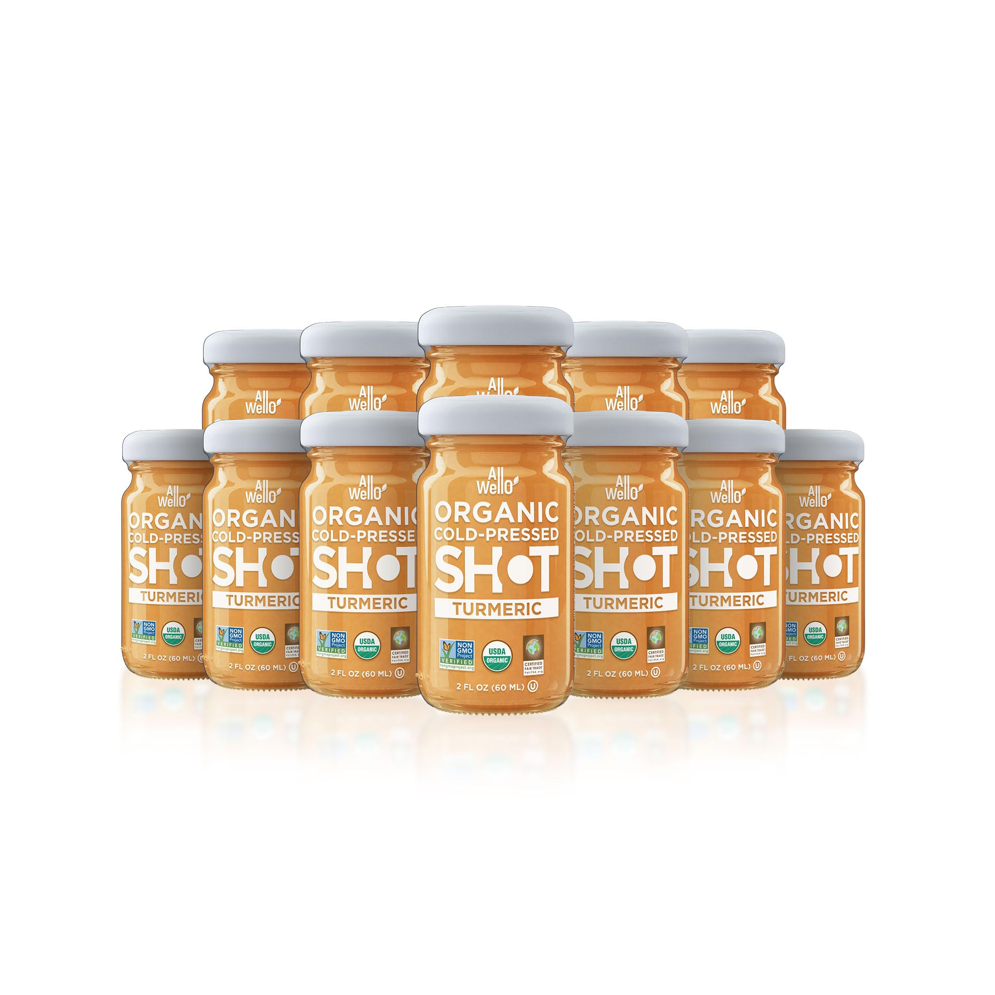 Front view of ALLWELLO Cold-Pressed Turmeric Shot bottle (60 mL)