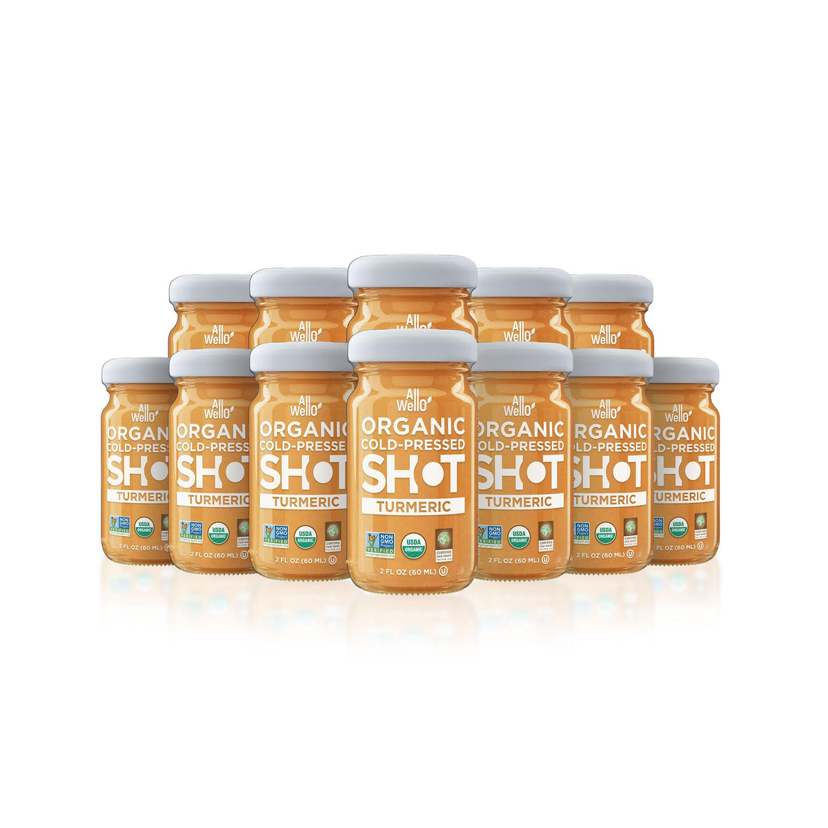 Front view of ALLWELLO Cold-Pressed Turmeric Shot bottle (60 mL)