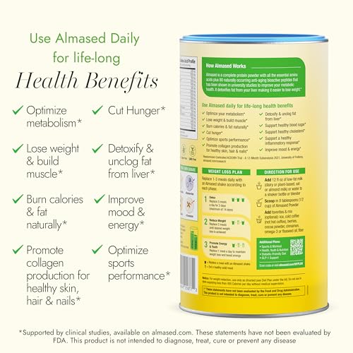 Almased almond vanilla powder close-up, smooth texture promise.