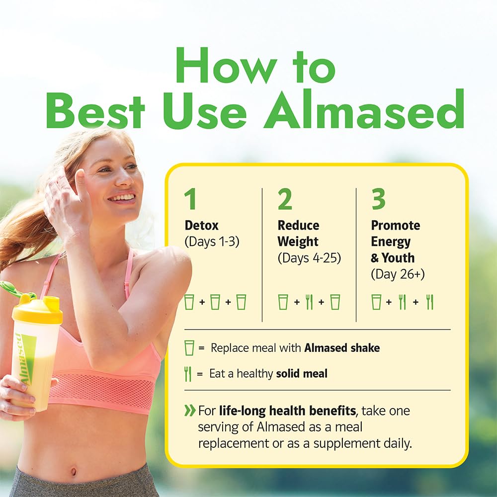 Almased easy-mix instructions page, fast meal replacement routine.