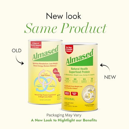 Almased Multi Protein Powder tub back label highlights ingredients and allergen details for informed shopping.