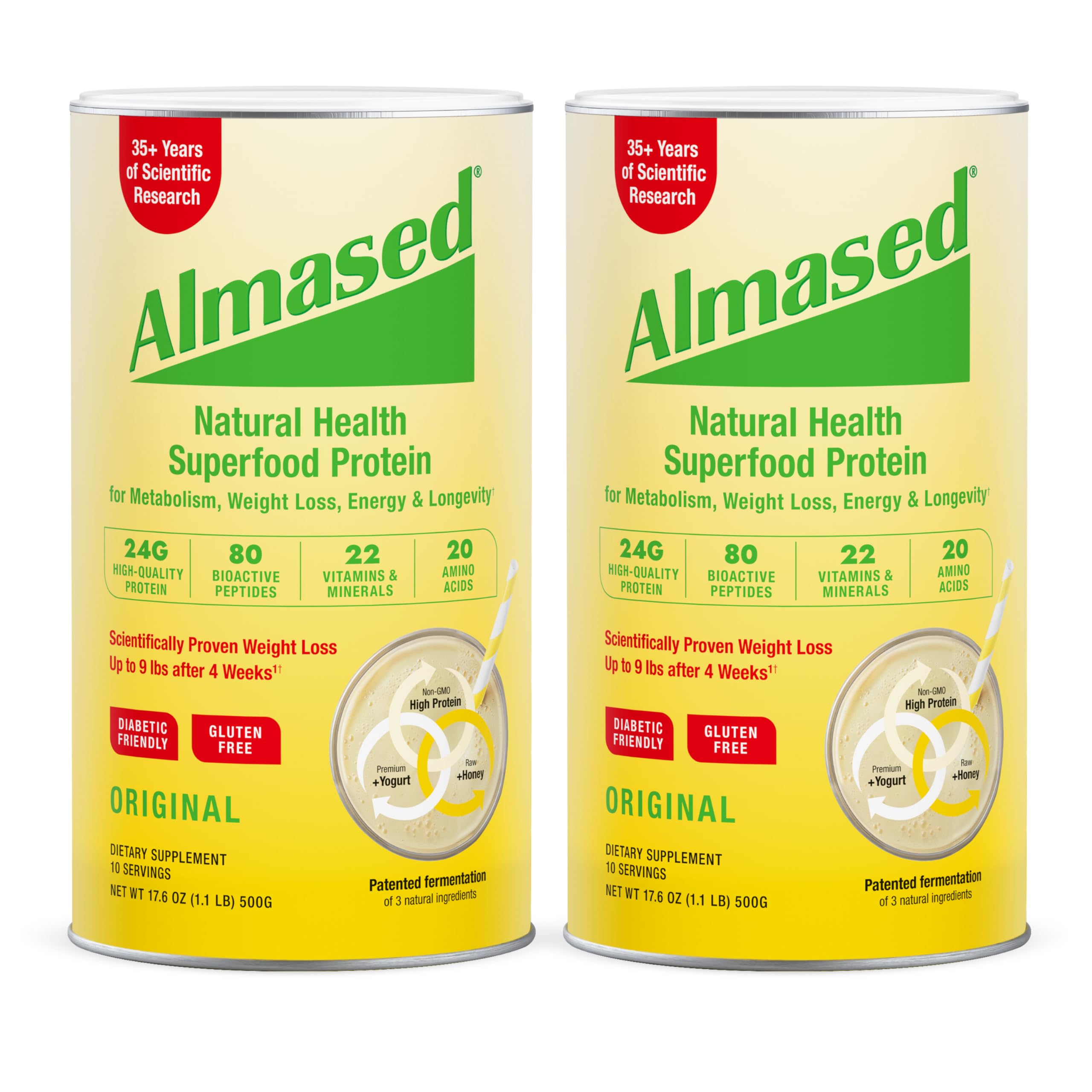 Almased Multi Protein Powder tub front features a two-pack for efficient weight-management routines.