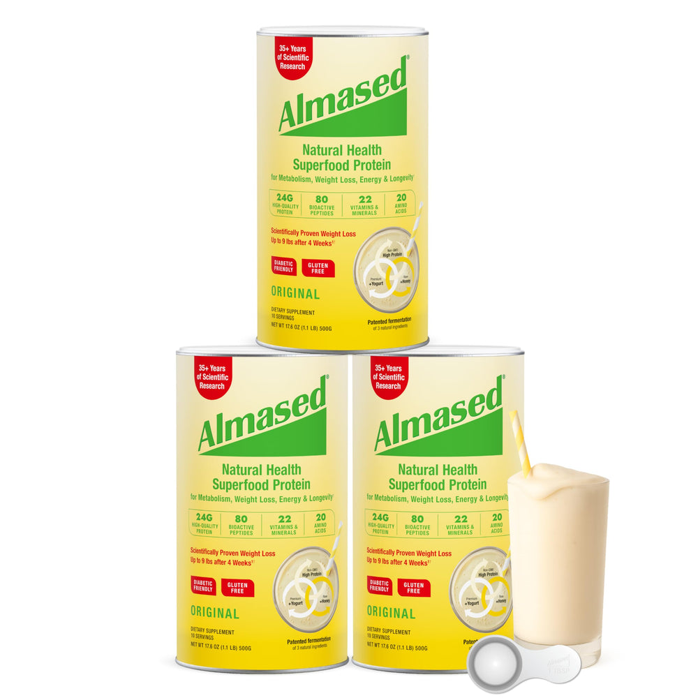 Almased original kit cans with scoop for weight-management meal replacement