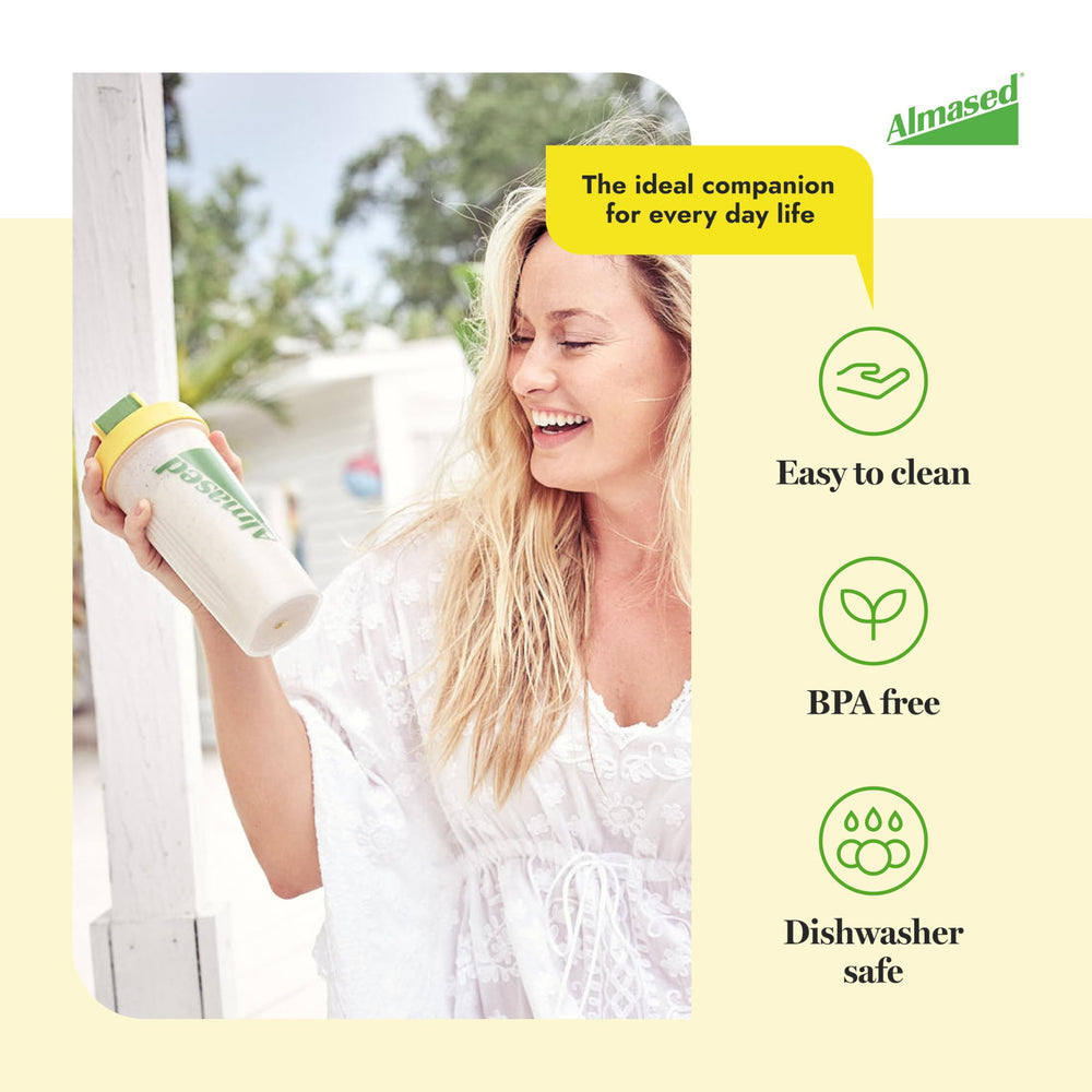 Almased Protein Shaker Bottle dishwasher safe design simplifies cleanup after workouts.