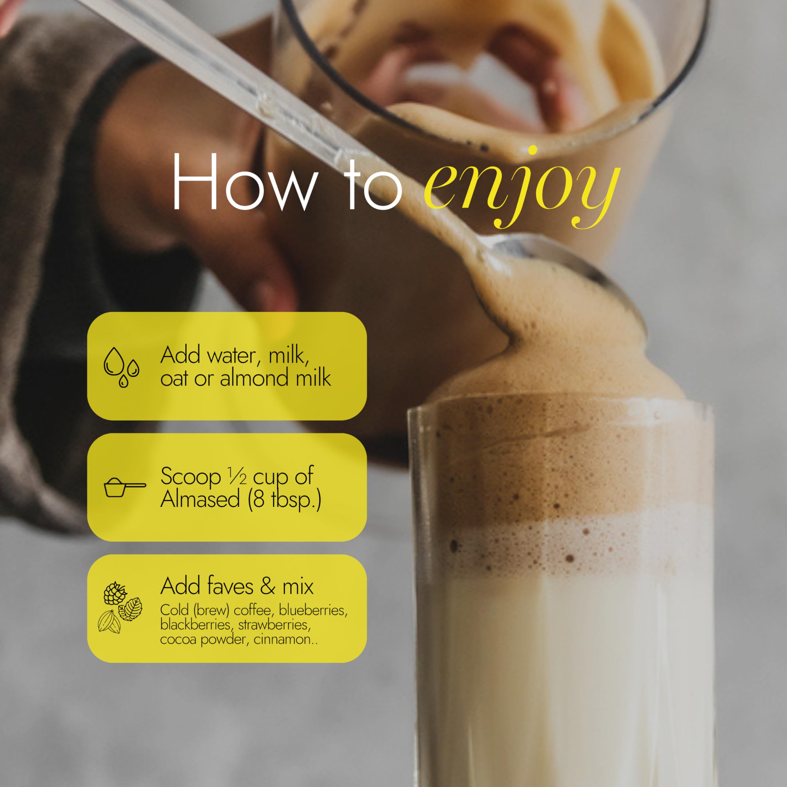 Almased vanilla beside dairy-free milk illustrating versatile mix-ins