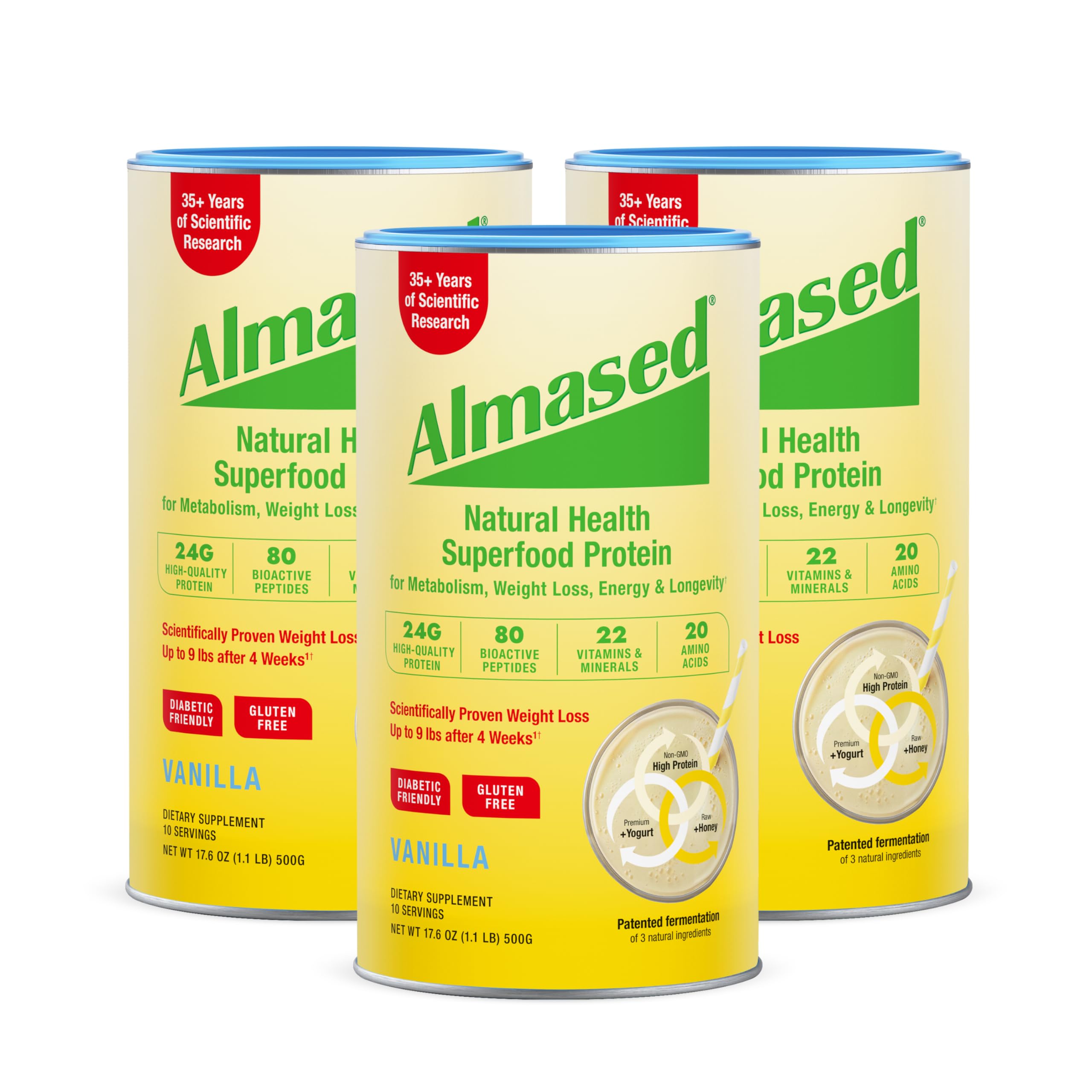 Almased vanilla meal replacement powder in a jar for easy weight management