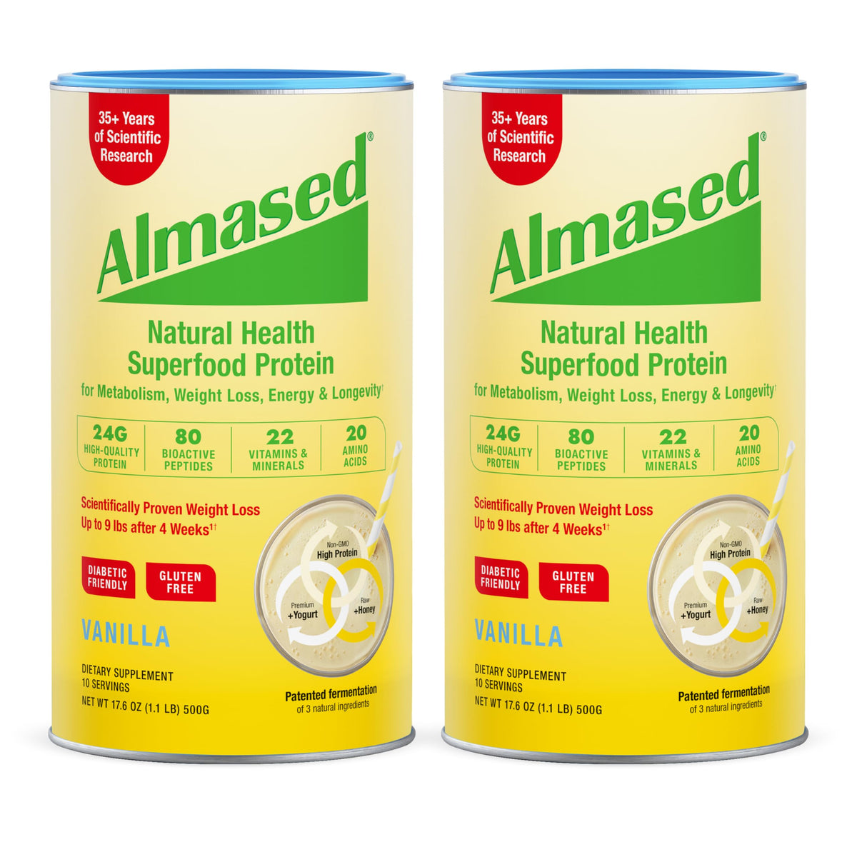 Almased Vanilla meal replacement tub 2-pack showing a protein-rich breakfast option.