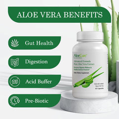 Front label view of Aloe Vera capsules bottle by AloeCure