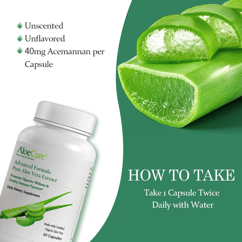 Product information graphic showing AloeCure Aloe Vera capsules