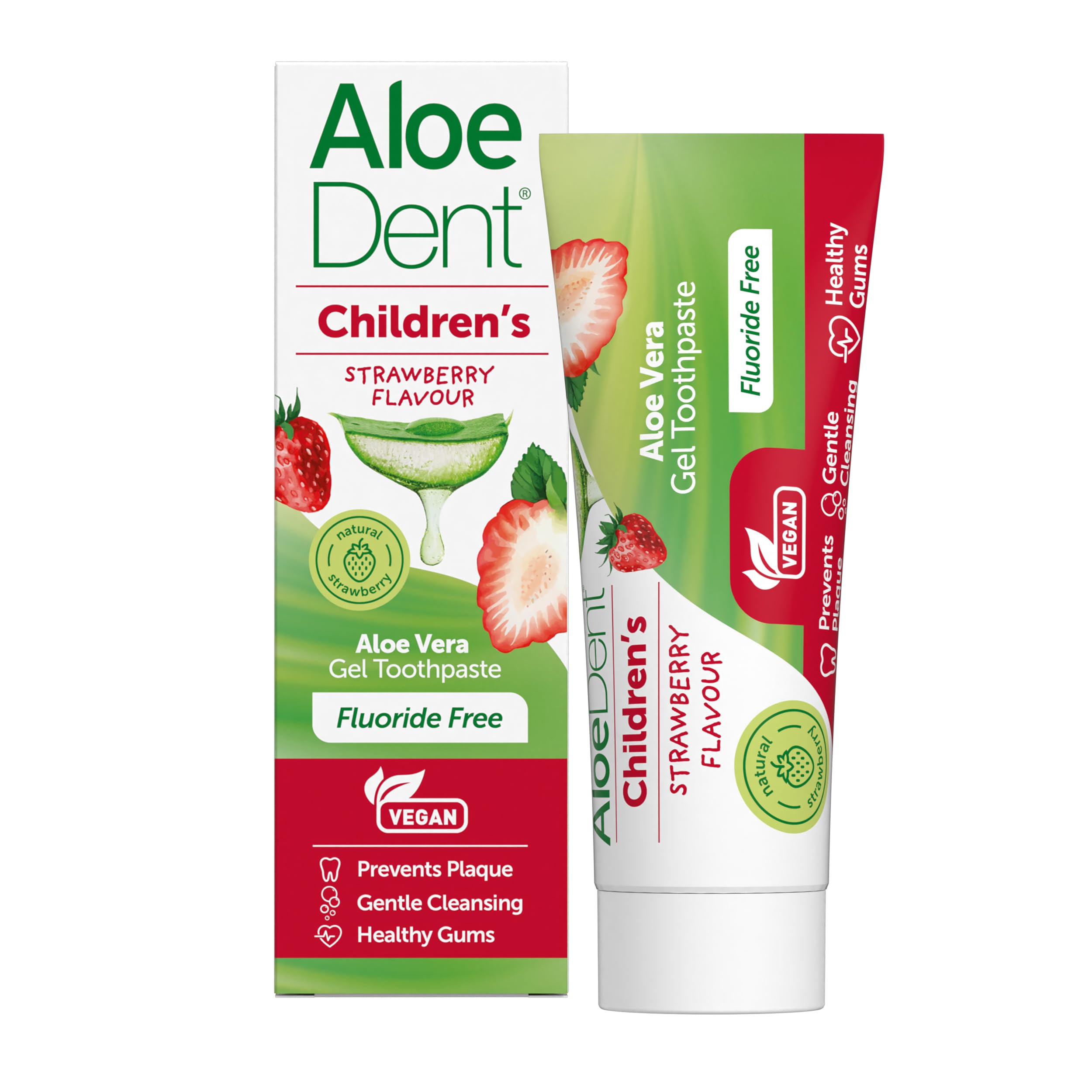 AloeDent Children's Strawberry Toothpaste packaging and 50ml tube