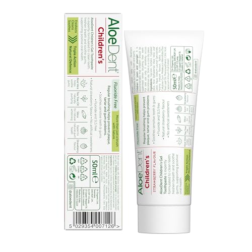 Close-up of AloeDent strawberry toothpaste tube