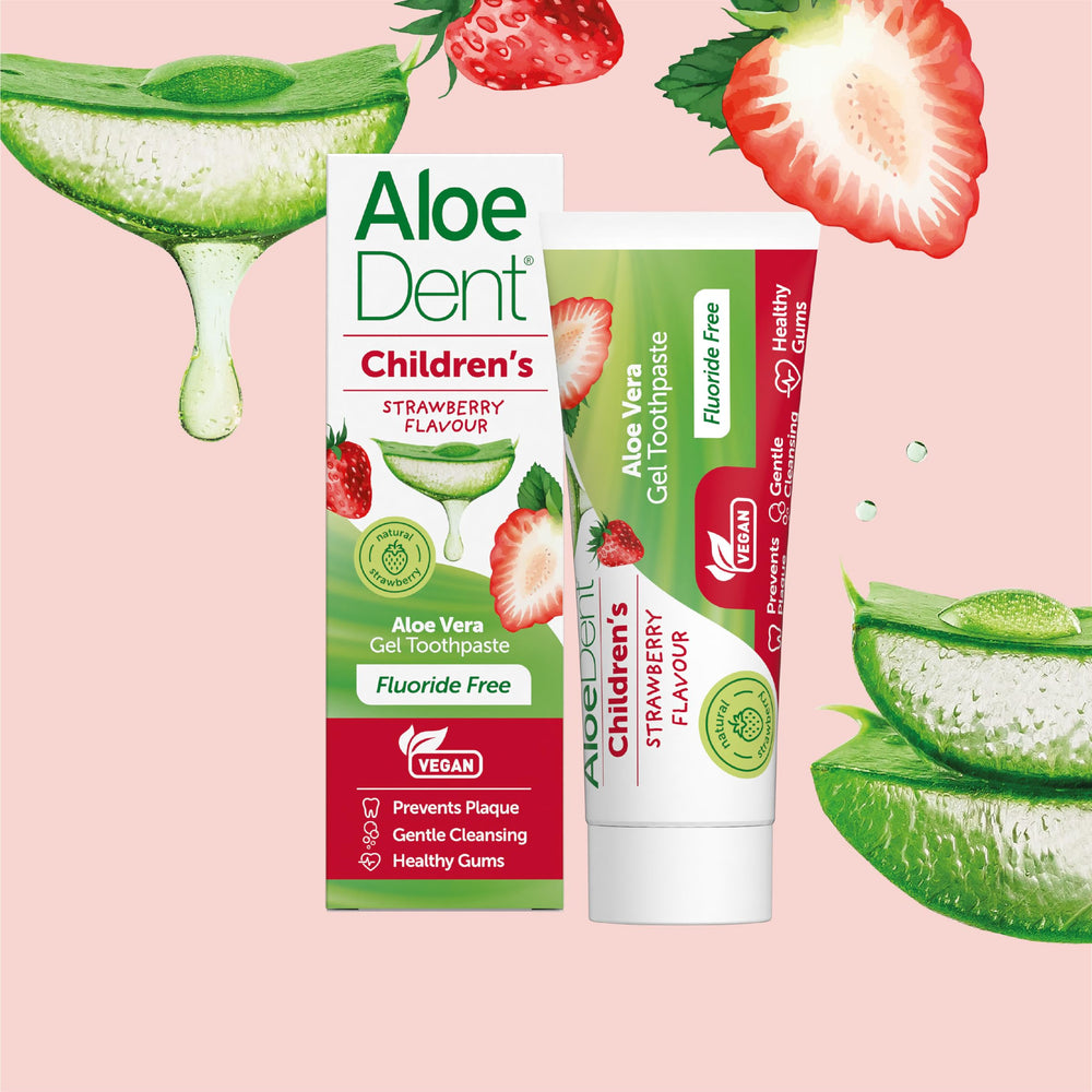 Child brushing teeth with AloeDent Strawberry toothpaste
