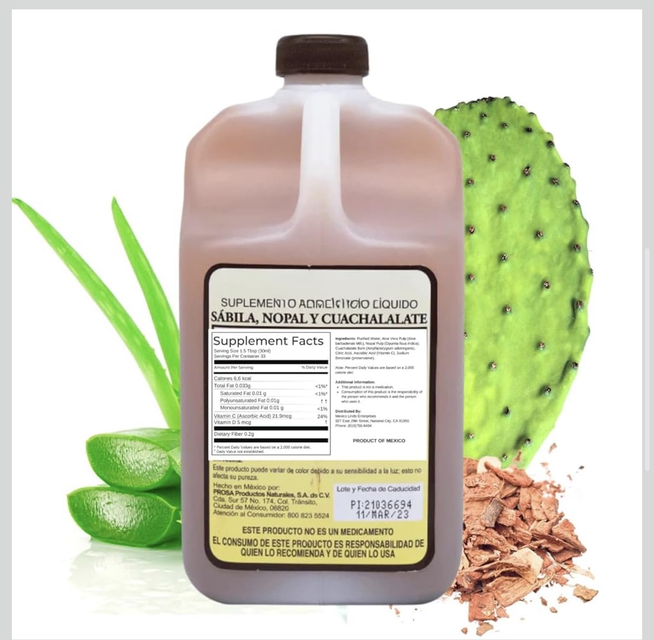 Close-up of the liquid supplement ingredients: Aloe Vera, Nopal Cactus, and Cuachalalate