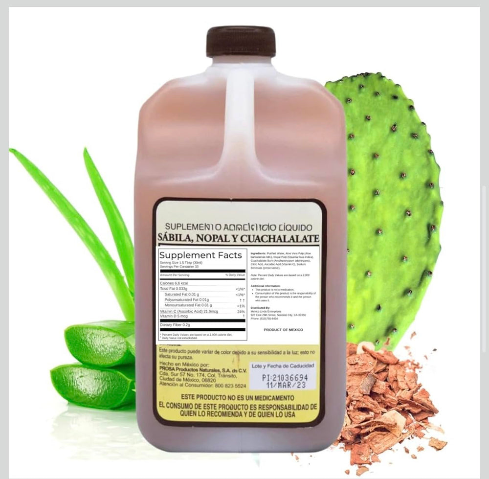 Close-up of the liquid supplement ingredients: Aloe Vera, Nopal Cactus, and Cuachalalate