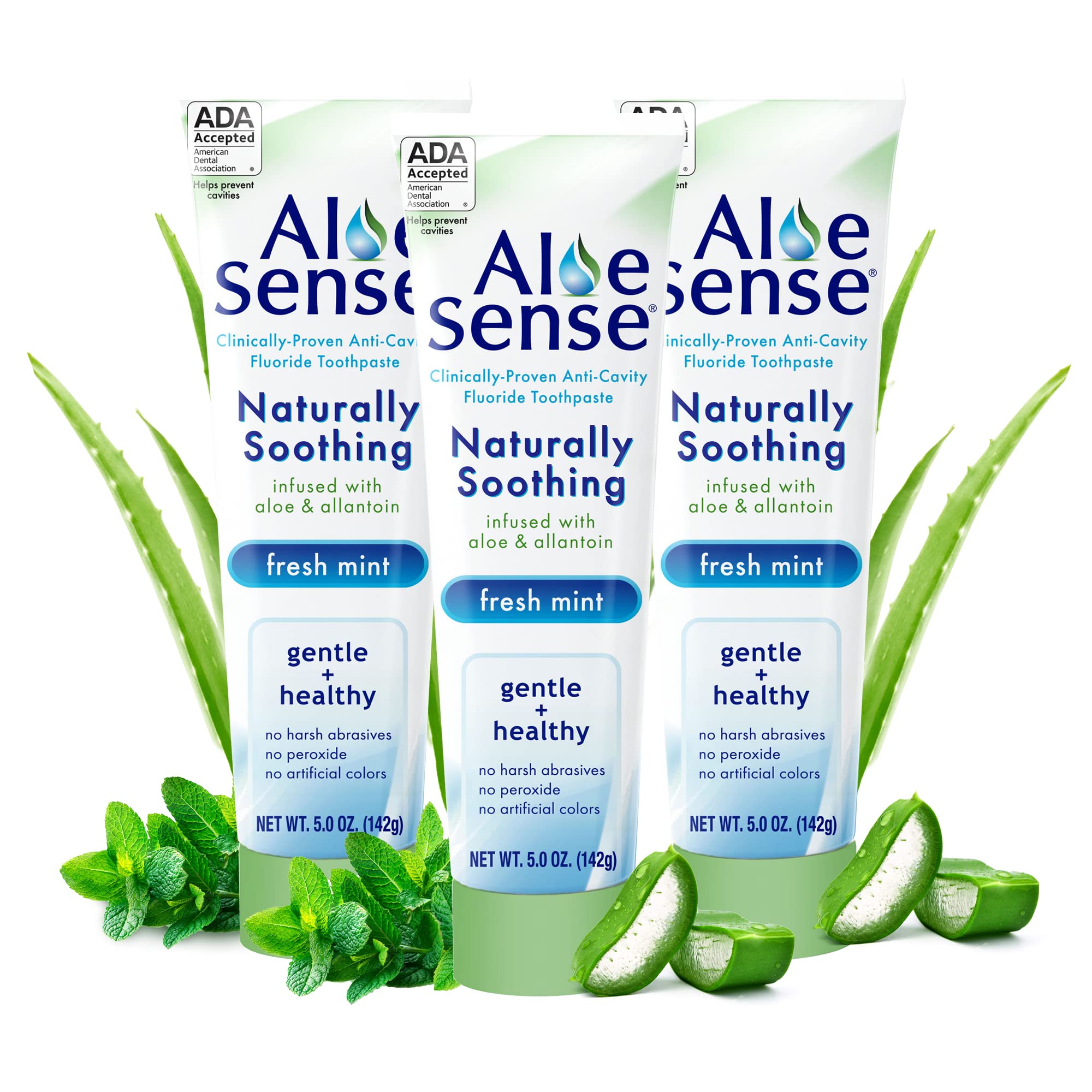 AloeSense toothpaste tube with Aloe Vera and Allantoin on white background