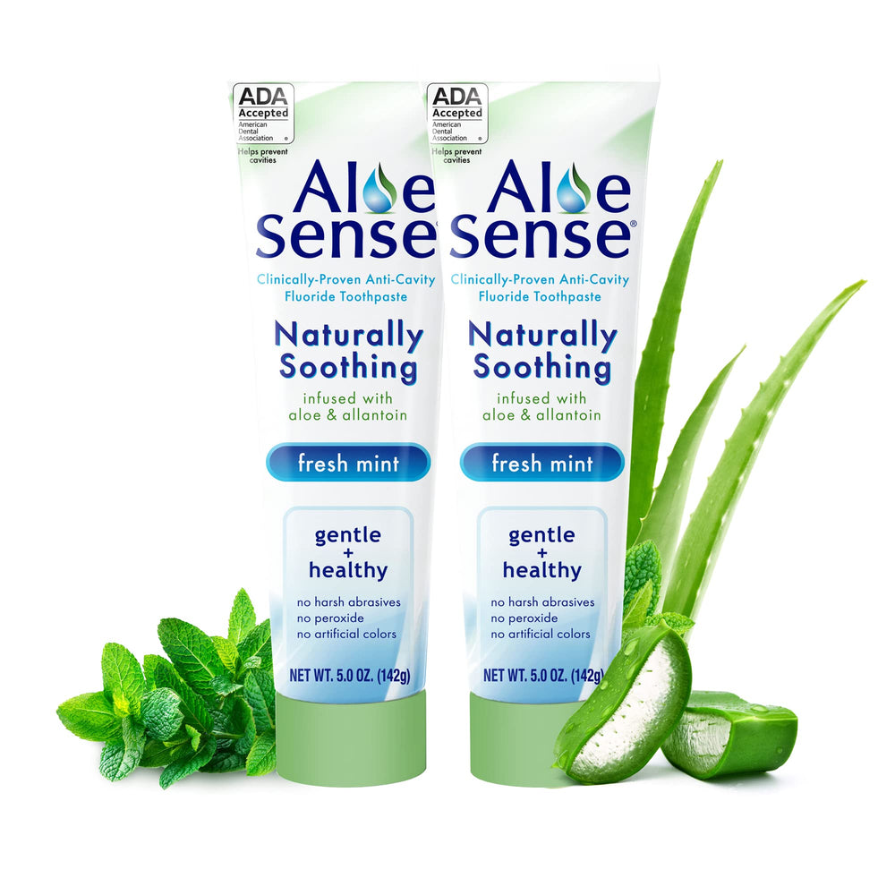 Front view of AloeSense Naturally Soothing Toothpaste packaging