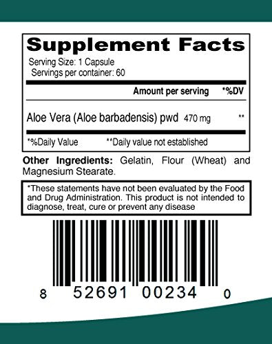 Front packaging of Aloe Vera Capsules 470mg 60-count