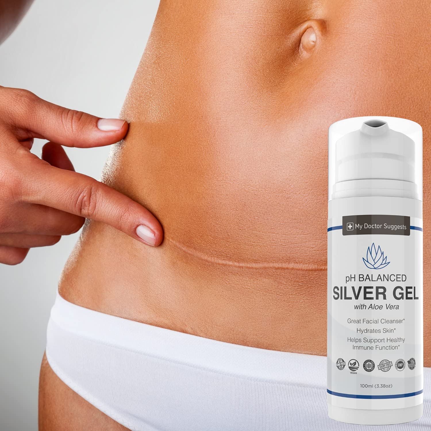 Aloe vera enriched colloidal silver gel applied to skin