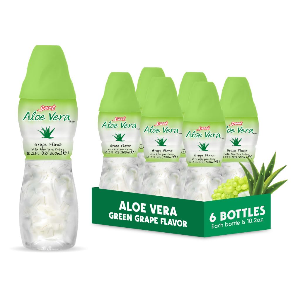 Aloe Vera juice bottle with grape flavor and large pulp chunks