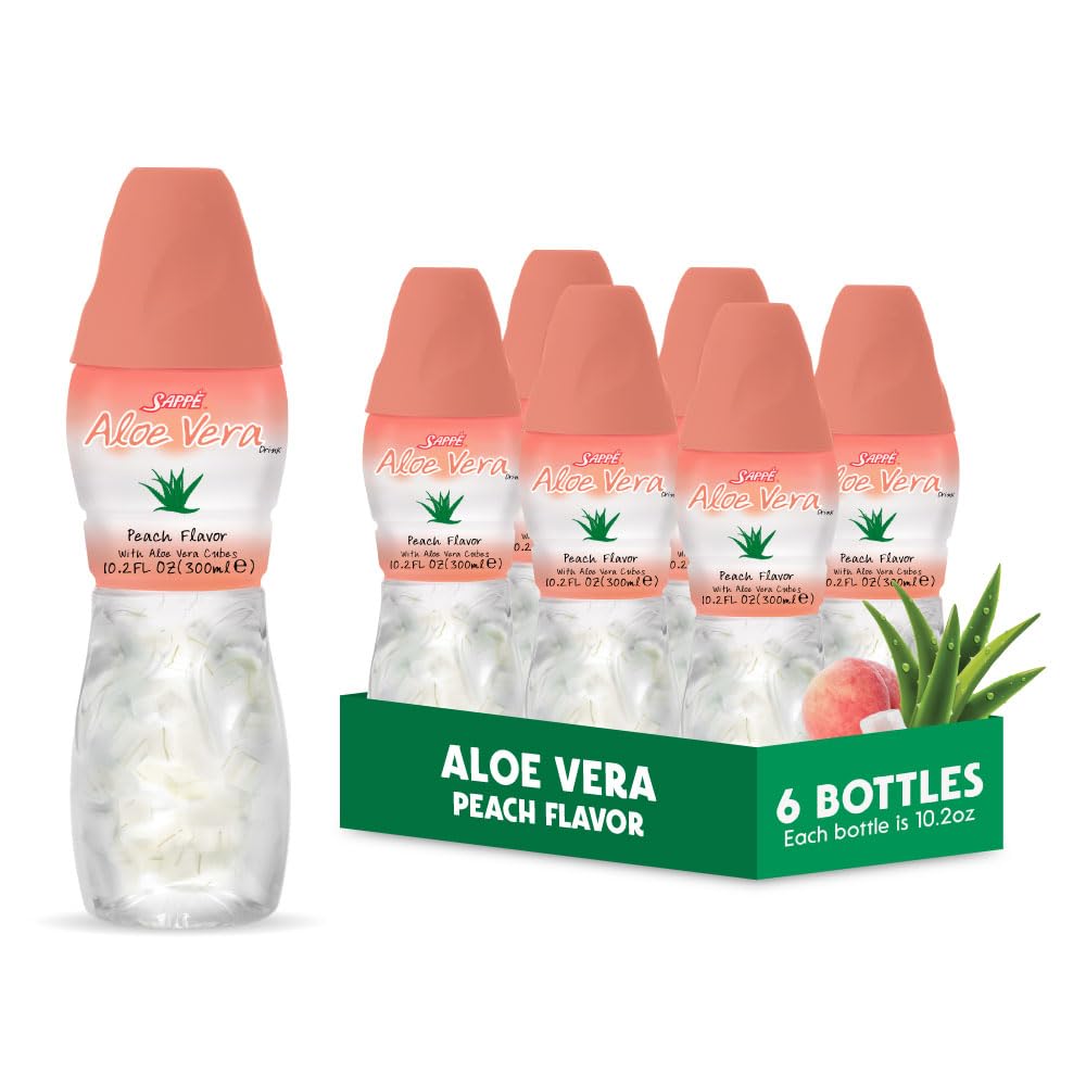Front view of Aloe Vera Juice Peach Flavored 6-pack with large aloe pulp