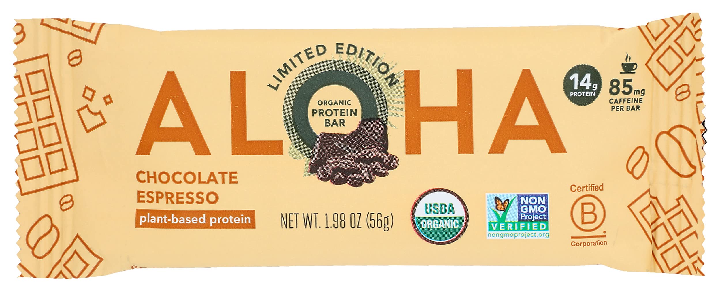 ALOHA chocolate espresso bar packaging showcases organic certification and gluten-free ingredients for clean snacking.