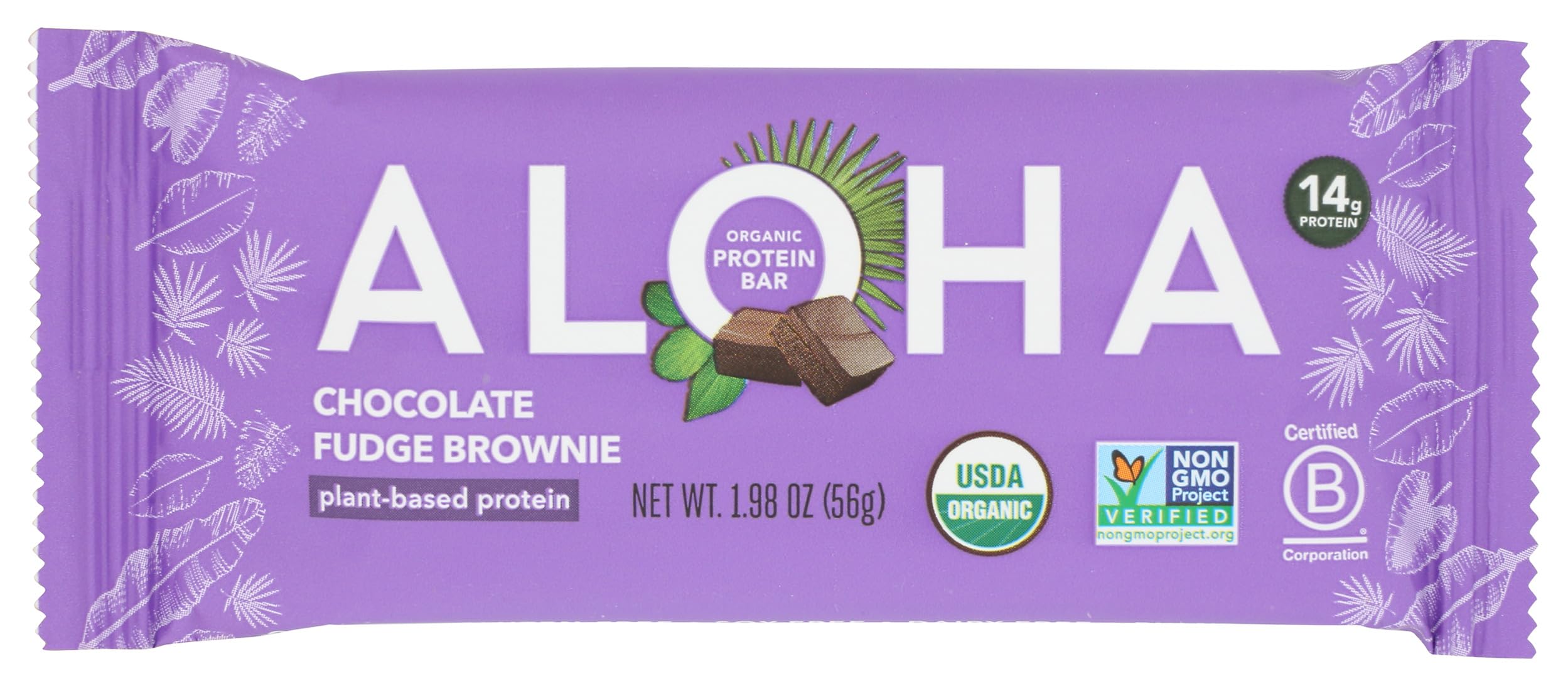 ALOHA Chocolate Fudge Brownie Protein Bar pack front view for on-the-go plant-based snacking.