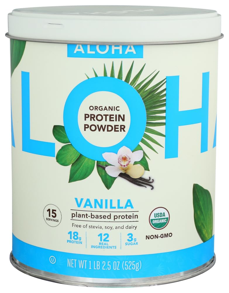 Front view of ALOHA Organic Plant-Based Protein Powder Vanilla 525g package