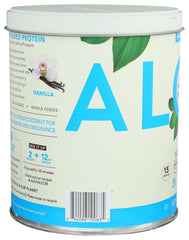 Close-up of ALOHA Vanilla protein powder label with USDA Organic seal