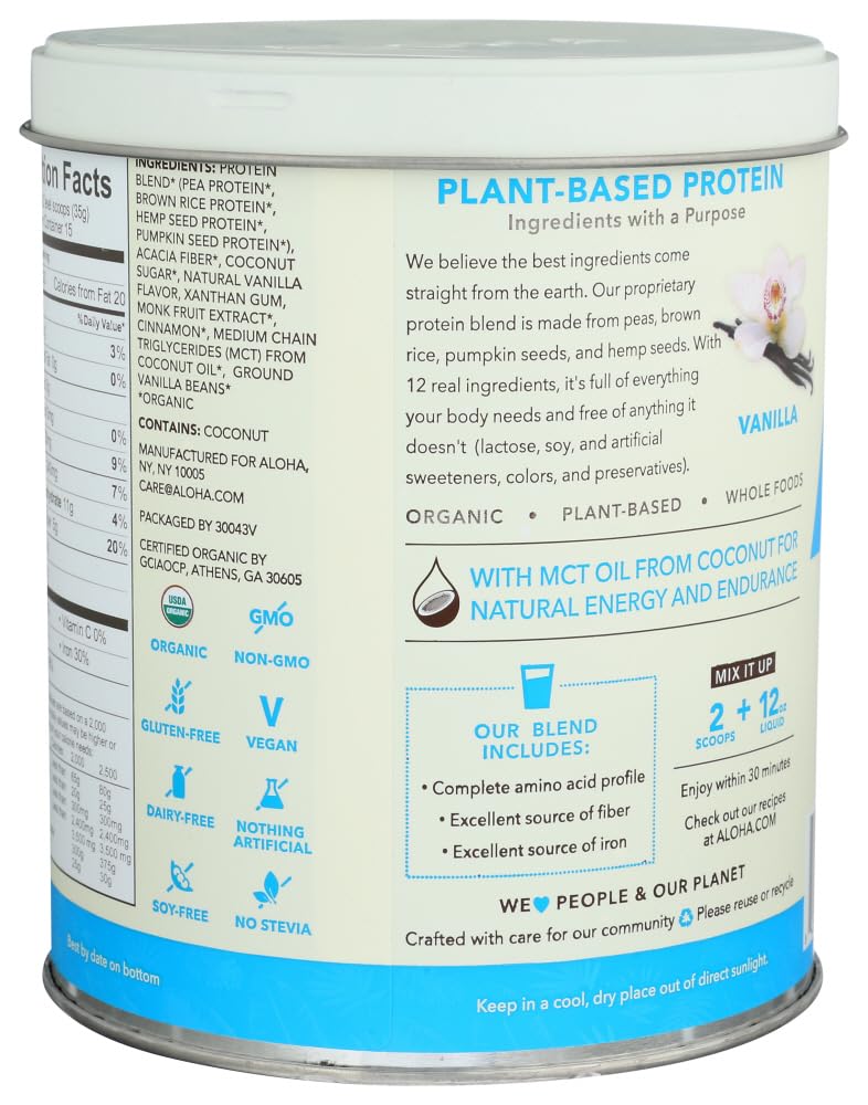 Vanilla plant-based protein powder with scoop and powder visualization