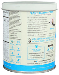 Vanilla plant-based protein powder with scoop and powder visualization