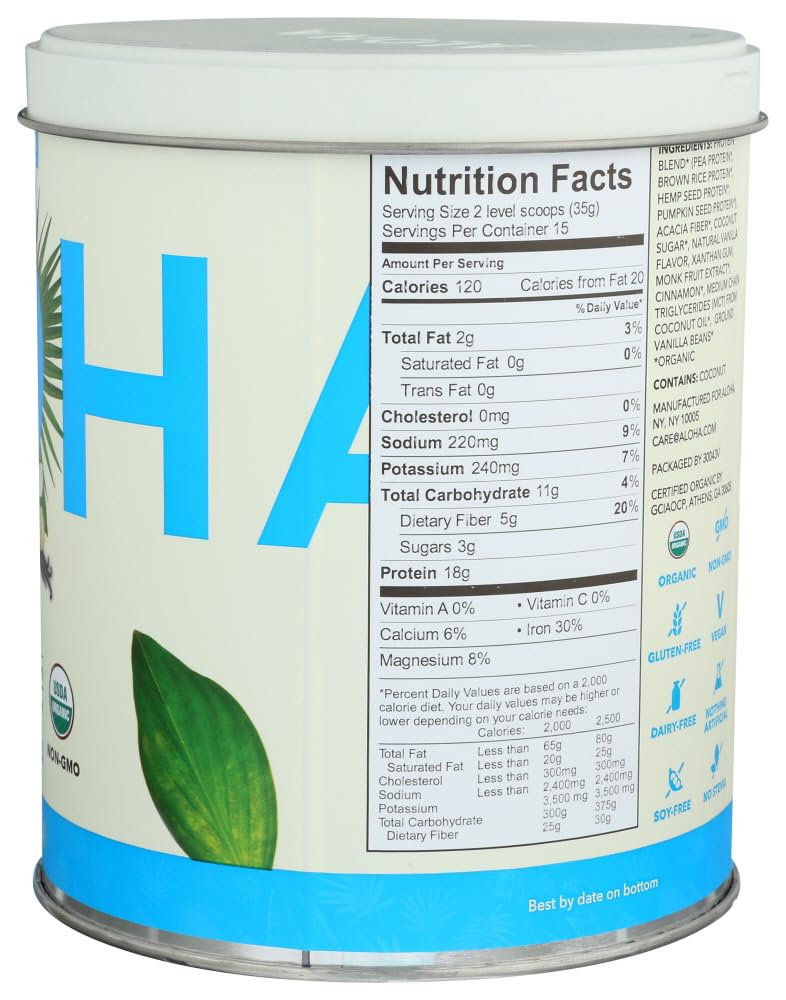 Nutrition facts and ingredients on ALOHA Vanilla protein powder packaging