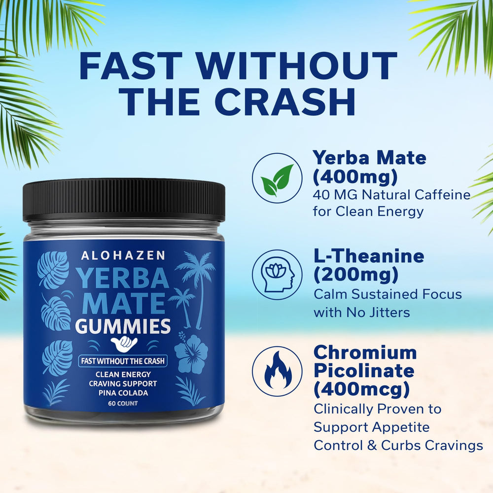 AlohaZen Yerba Mate Gummies bottle label showcases clean energy without jitters