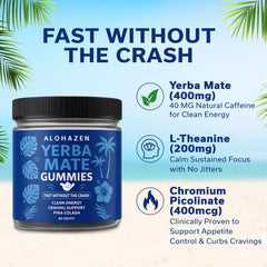 AlohaZen Yerba Mate Gummies bottle label showcases clean energy without jitters