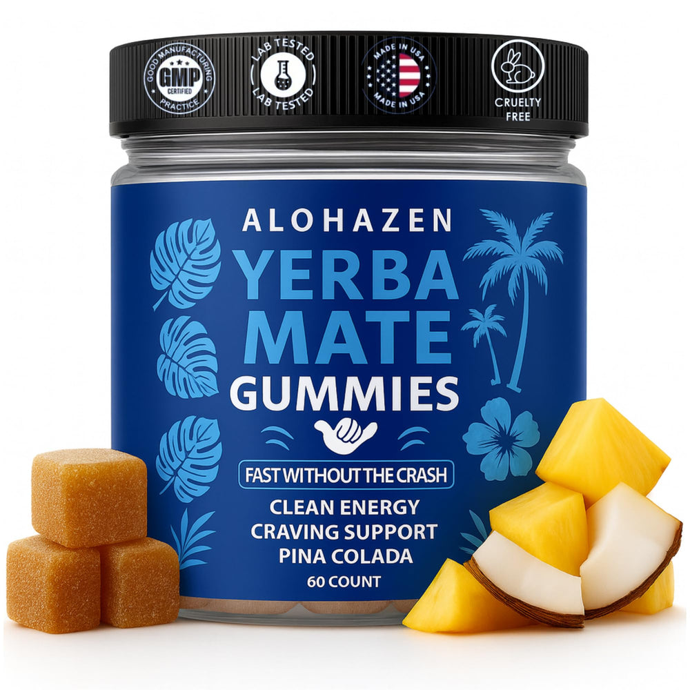 AlohaZen Yerba Mate Gummies pina colada packaging highlights tropical energy on the go