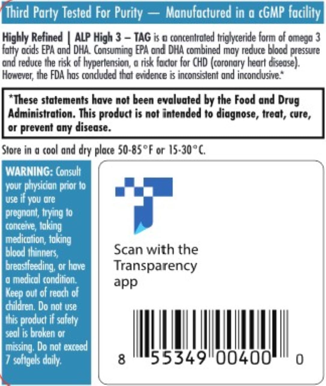 Supplement facts panel for ALP High-3 TAG Omega-3 fish oil