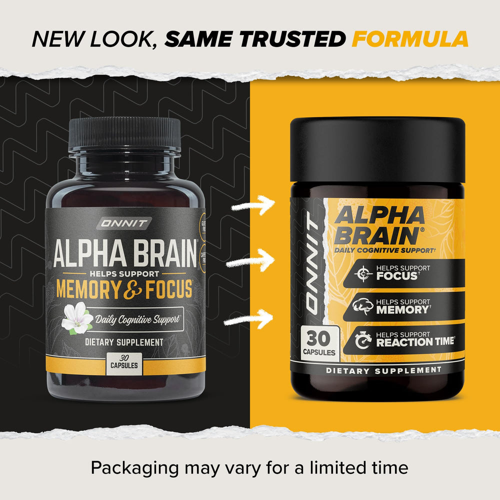 Label showing Alpha Brain 90 capsules per bottle