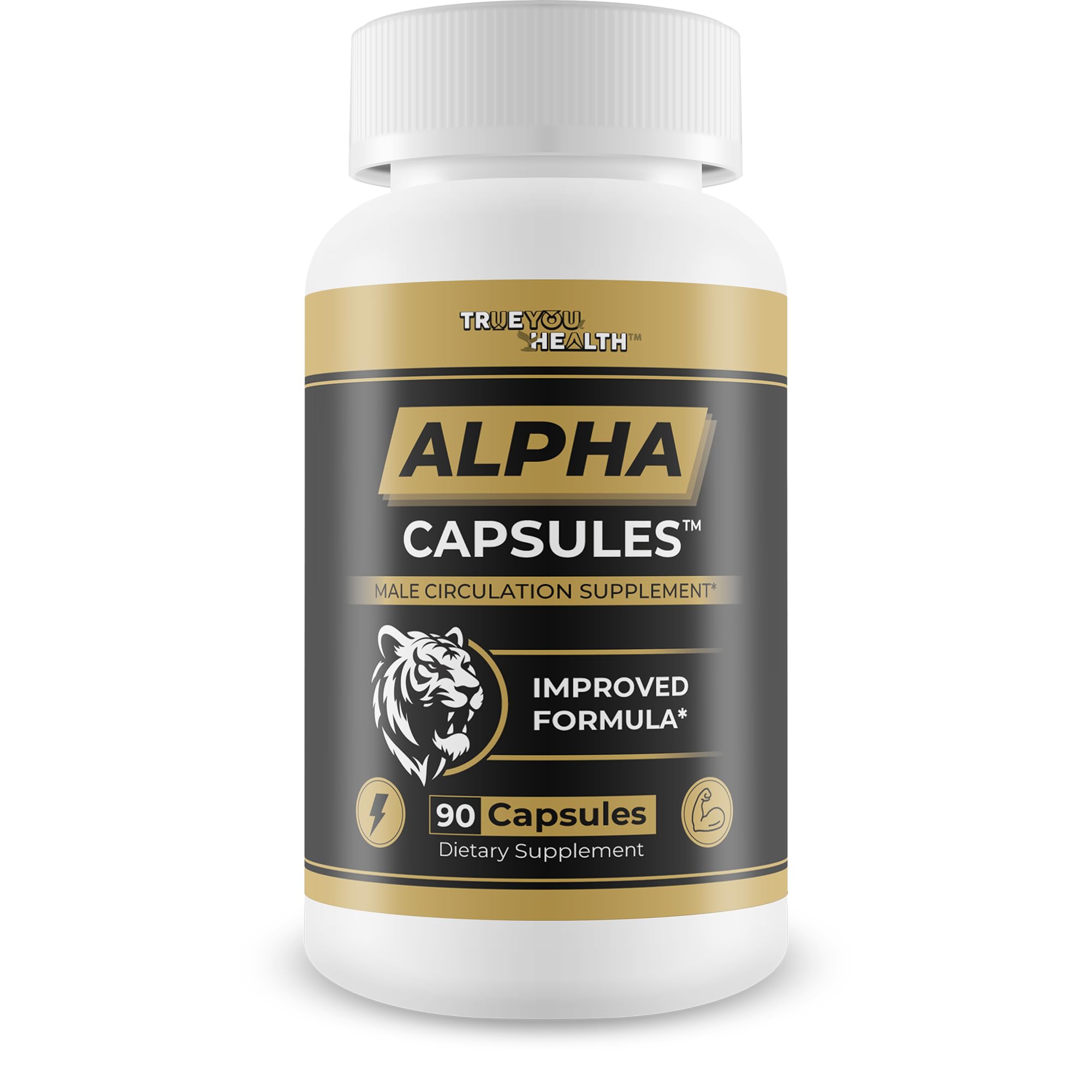 Alpha Capsules bottle with label highlighting men's blood flow support