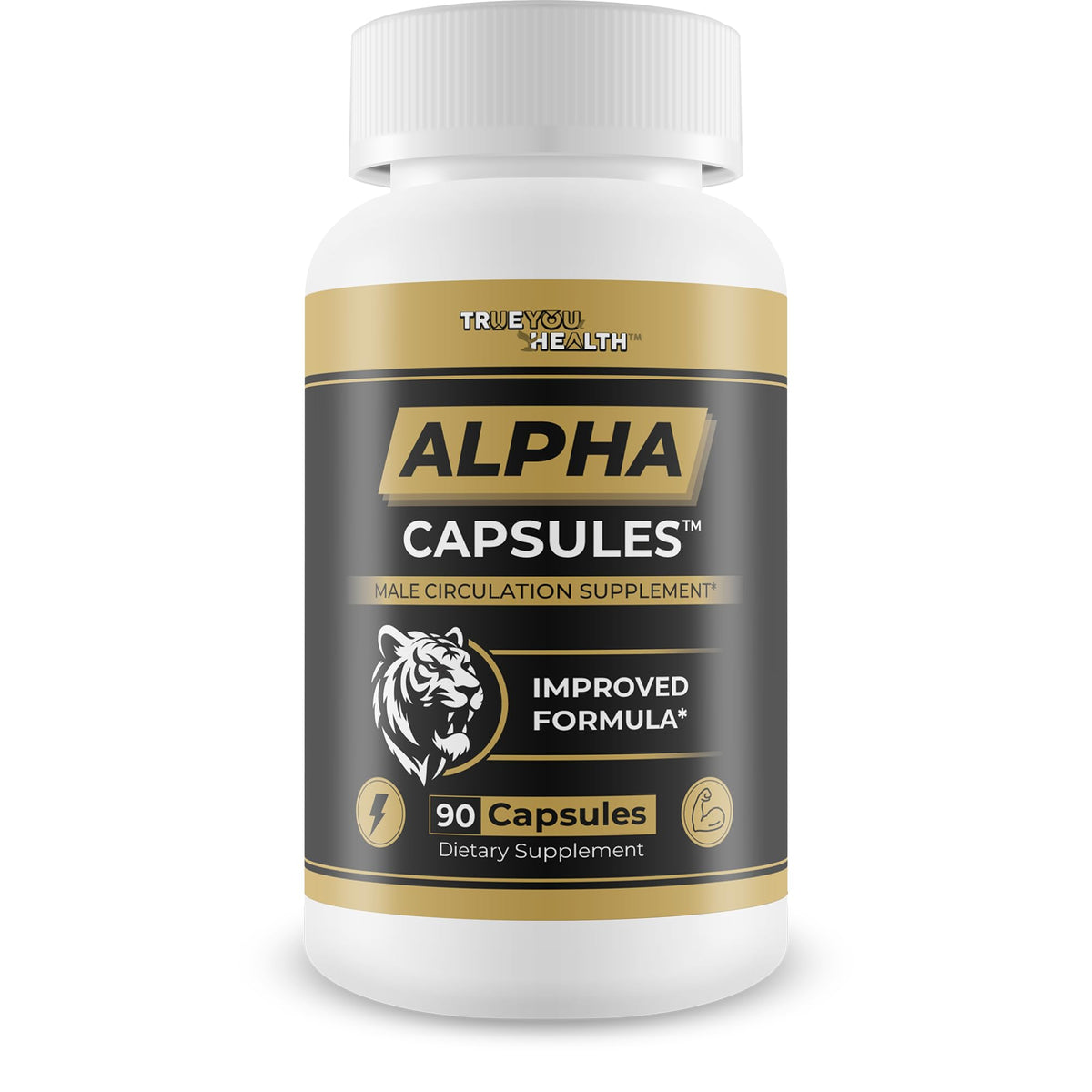Alpha Capsules bottle with label highlighting men's blood flow support