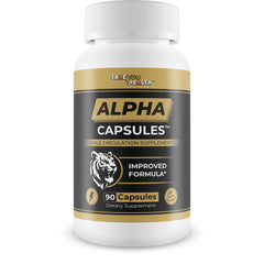 Alpha Capsules bottle with label highlighting men's blood flow support