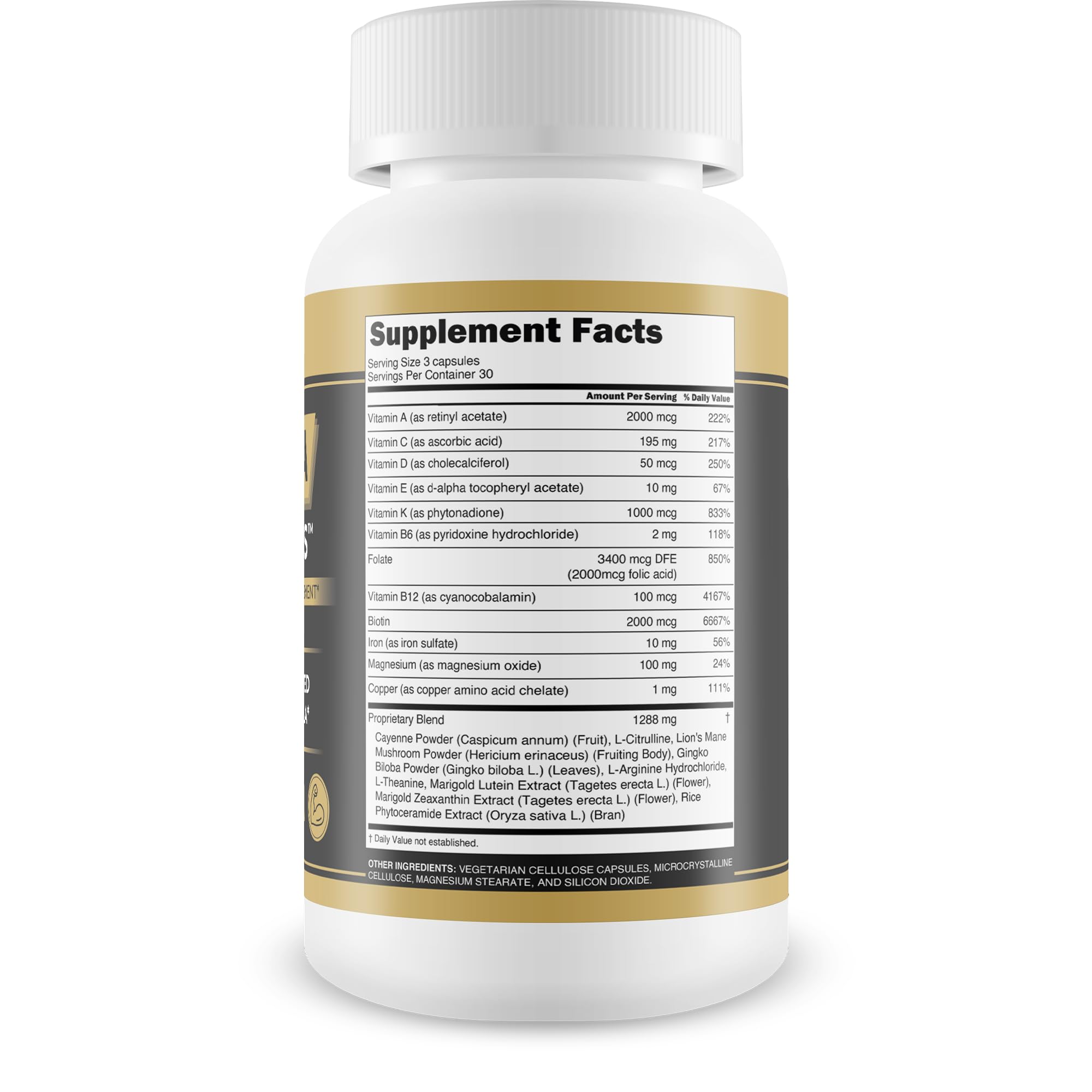 Close-up of Alpha Capsules pills showing ingredients like L-Arginine and Ginkgo biloba