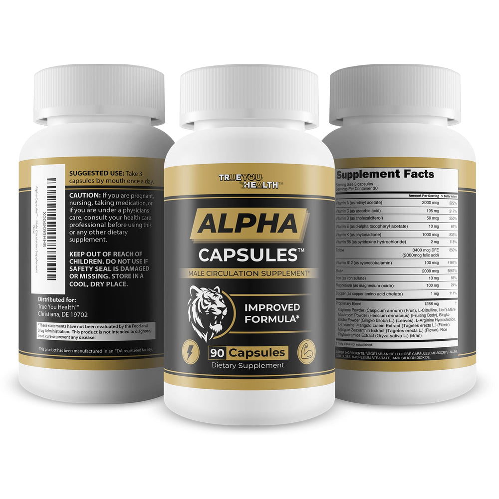 Vegan capsules packaging for Alpha Capsules blood flow supplement