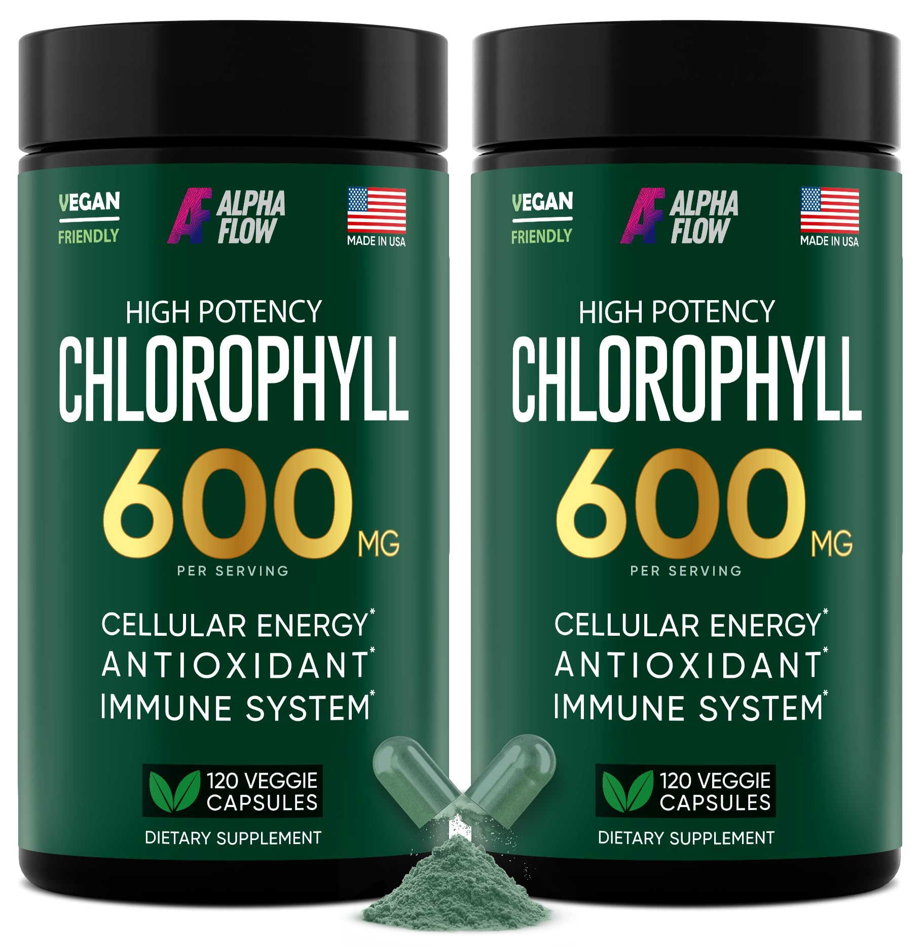 Alpha Flow 2-pack chlorophyll capsules bottle on white background